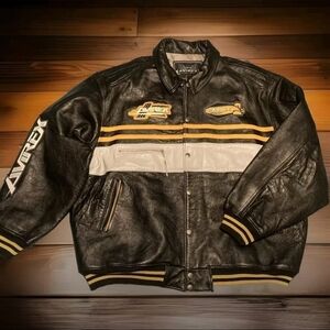 Avirex Black Leather Bomber Jacket with Yellow and White Stripes